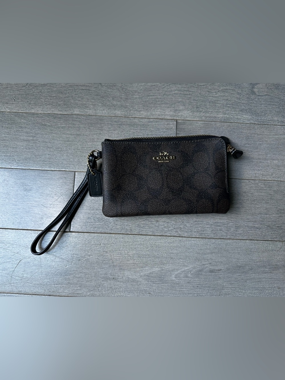 COACH Double Corner Zip Wristlet Signature Coated Canvas Brown & Black Wallet
